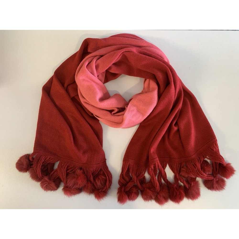 Pink Red‎ Ombre Statement Scarf Rabbit Fur Pom Poms Y2K Glam Party Wrap Coquette